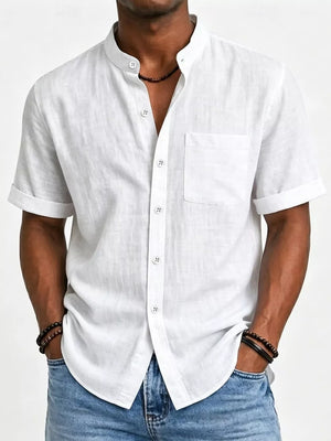 White textured band collar short sleeve button-up shirt with chest pocket