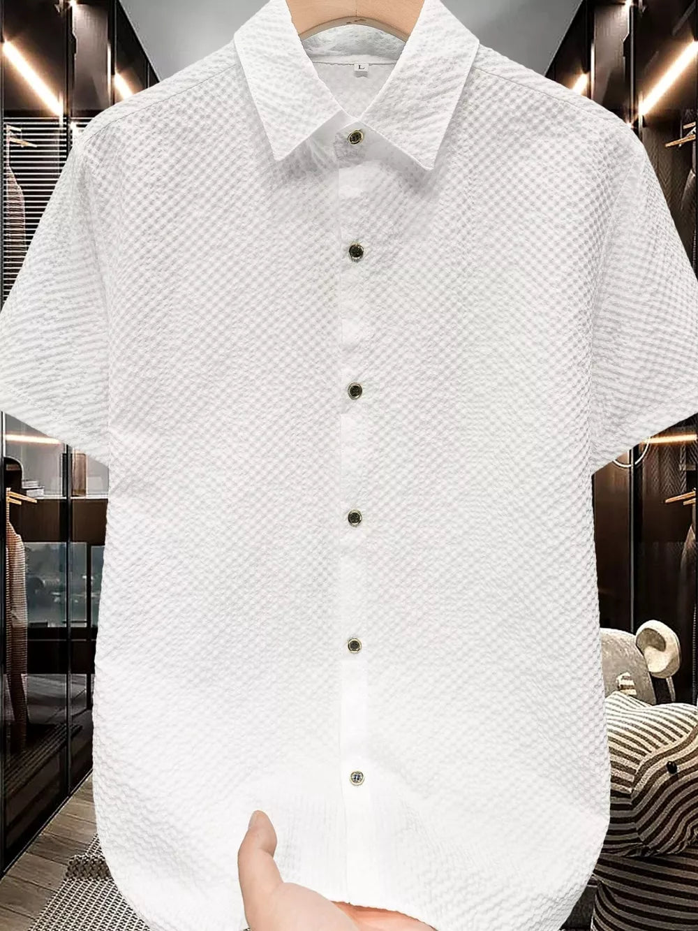 White Men's Plus Size Textured Short-sleeve Shirt