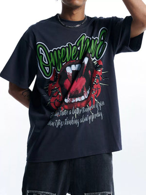 Dark gray 100% cotton oversized t-shirt with bold graphic print and text.