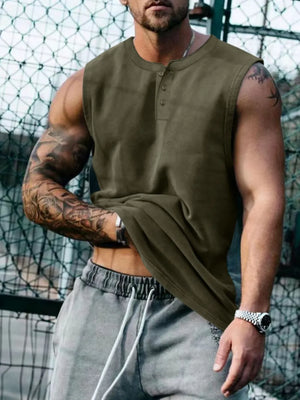 Army green henley neck sleeveless muscle tank top with button detail.