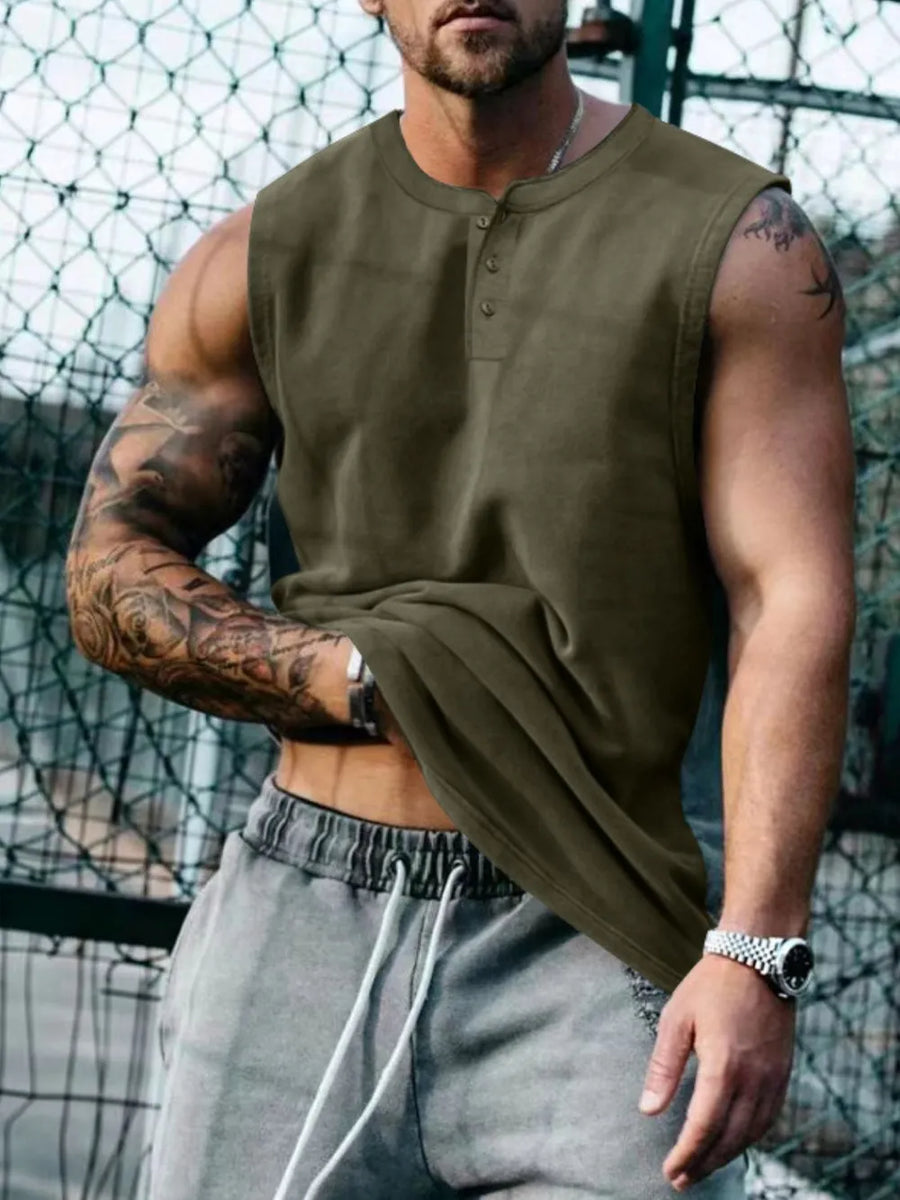 Army green henley neck sleeveless muscle tank top with button detail.