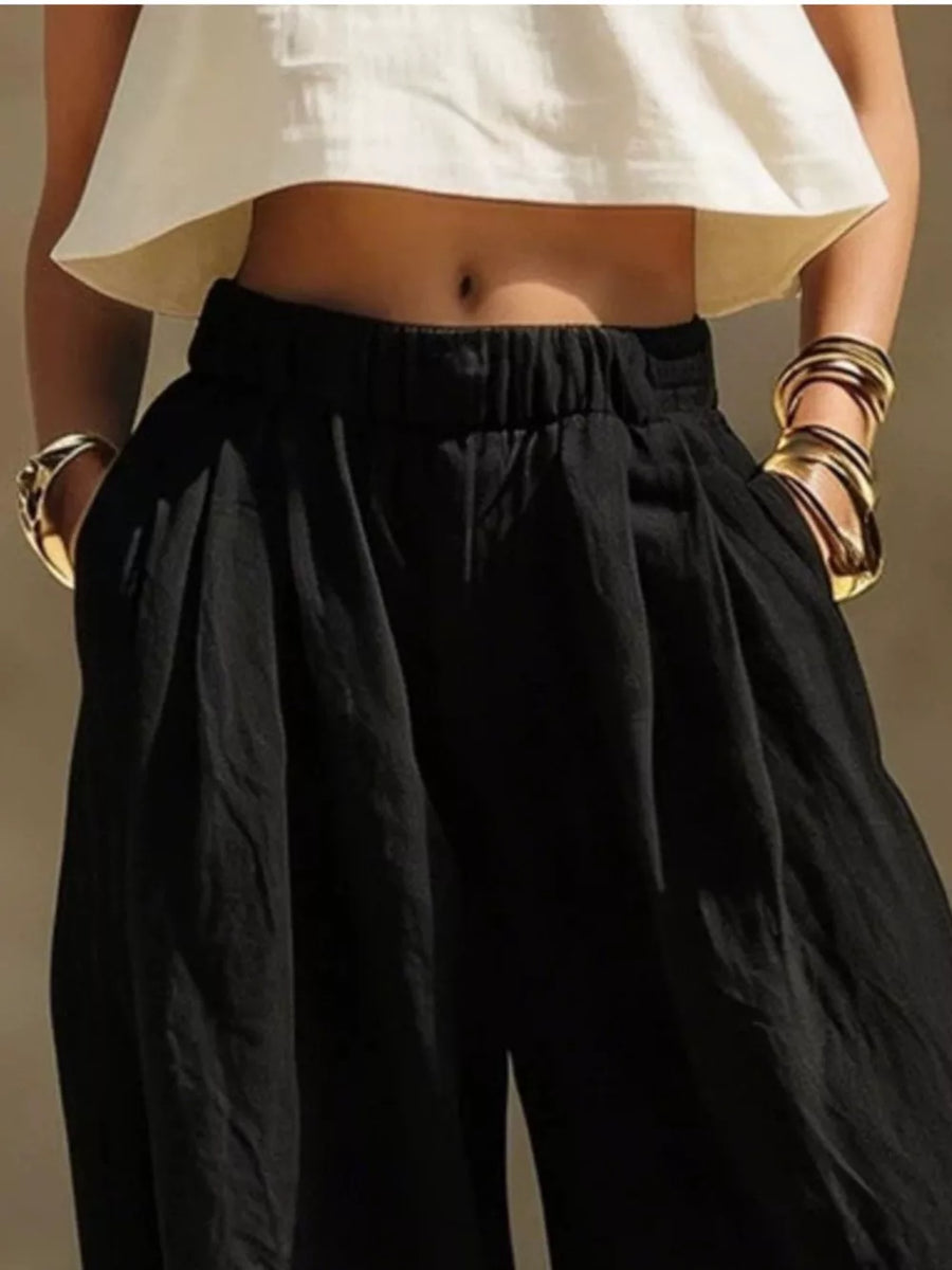 Full Size Elastic Waistband Wide Leg Pants in Gray