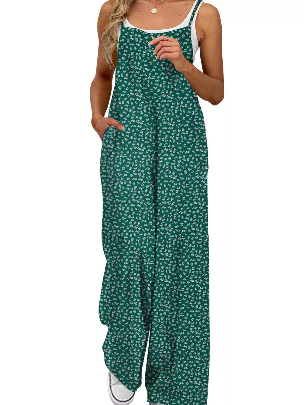 Floral Print Wide Leg Spaghetti Strap Overalls, view 12