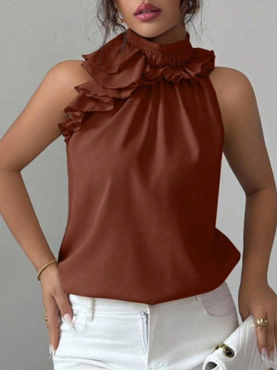 Ruffled high neck sleeveless top in Red