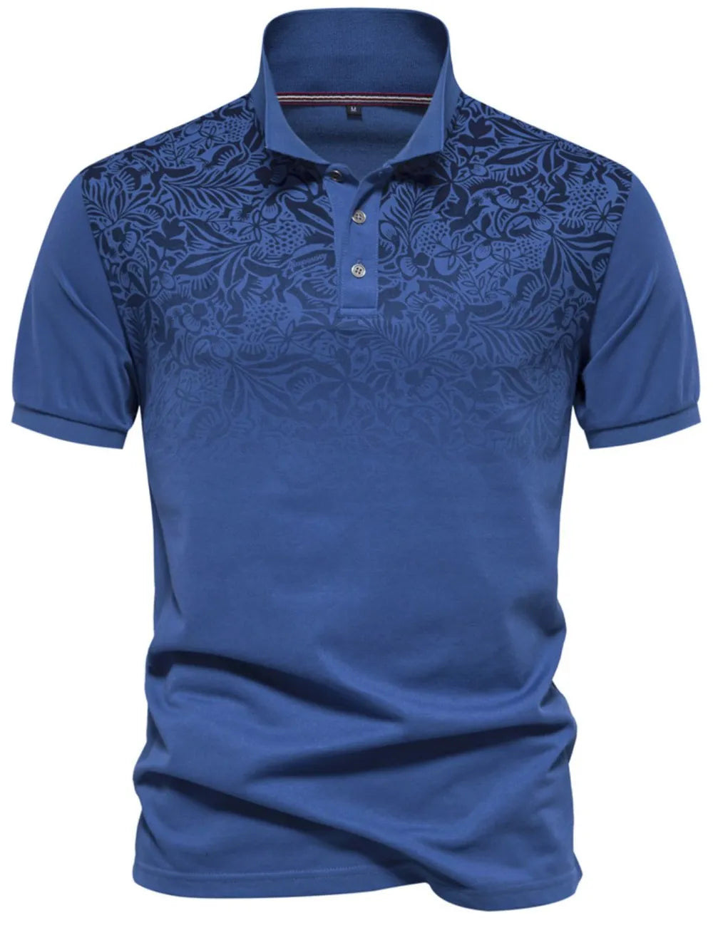 Royal blue polo shirt with floral ombre pattern on chest and sleeves