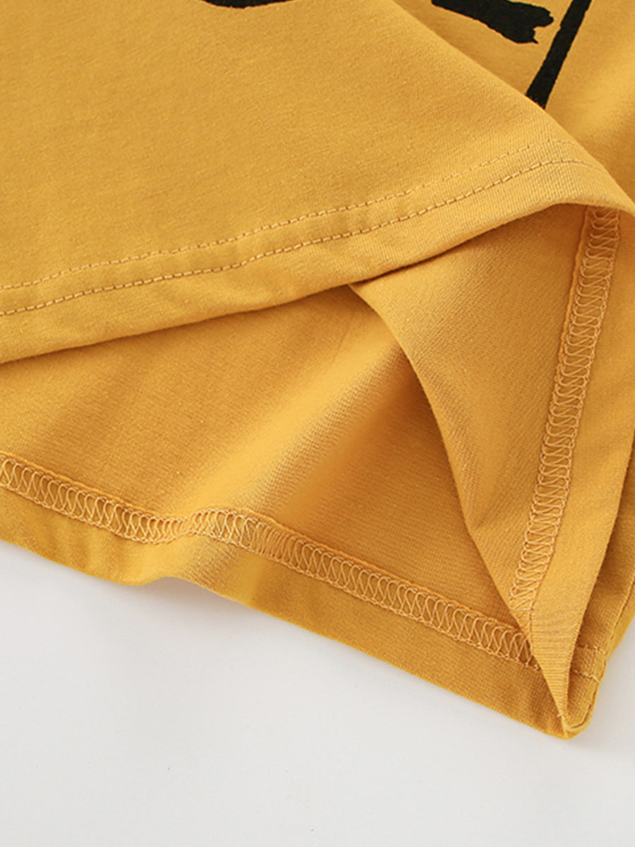 Toddler yellow cotton t-shirt with tiger graphic detail and reinforced seams.