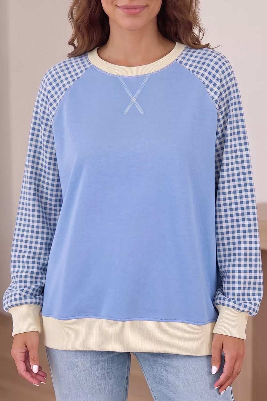 Light Blue with Plaid Raglan Sleeve Sweatshirt