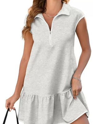 Light gray zip front cap sleeve ruffle dress with collar detail