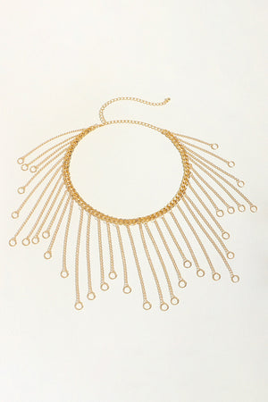 Gold chainmail belt with cascading fringe chains and rings.