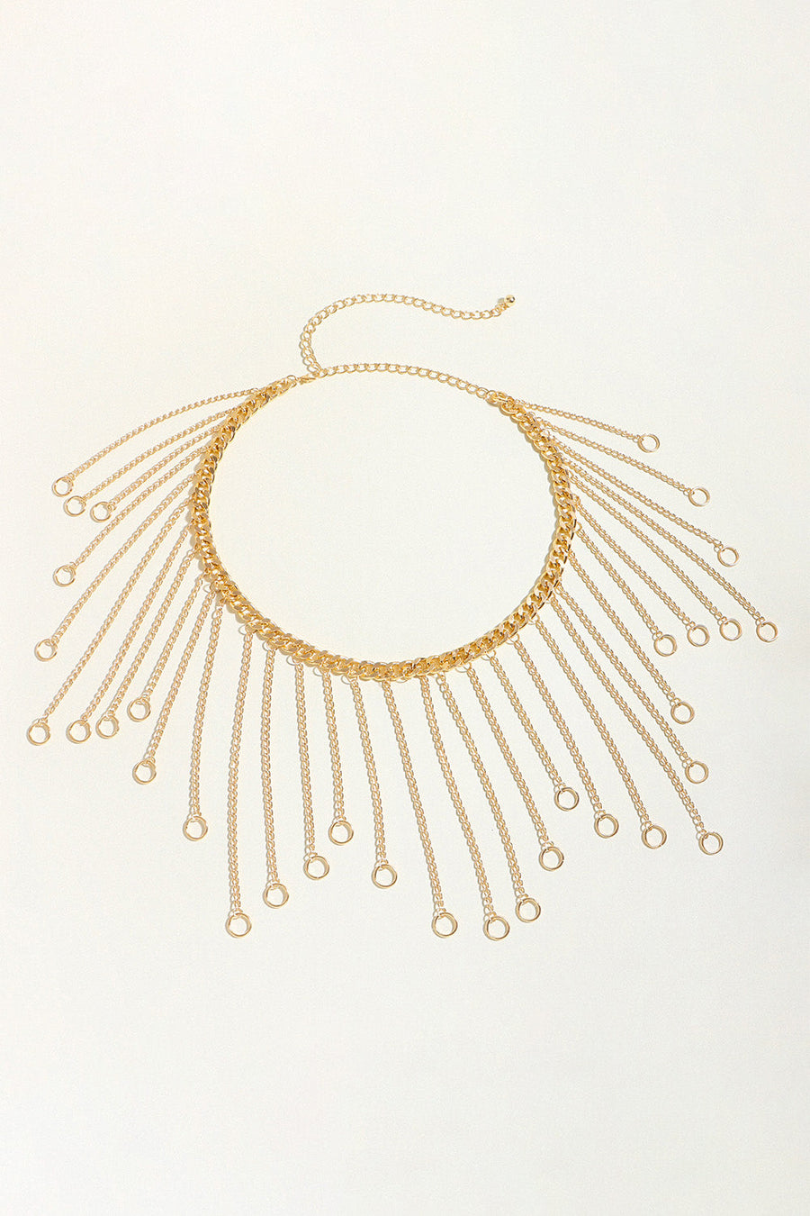 Gold chainmail belt with cascading fringe chains and rings.