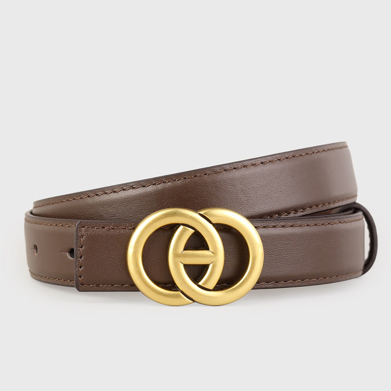Brown leather belt with a gold double circle buckle