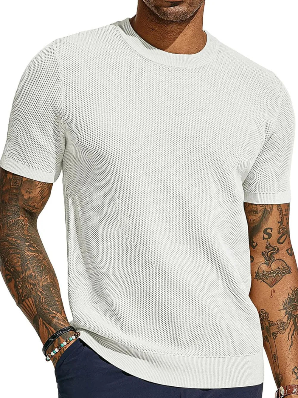 Textured knit crewneck tee in white with short sleeves and a relaxed fit.