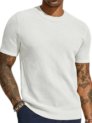 Textured knit crewneck tee in white with short sleeves and a relaxed fit.