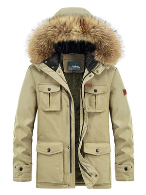 Khaki hooded parka with fur trim, multiple pockets, and fleece lining.