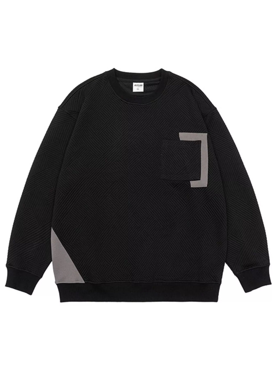 Black crew neck sweatshirt with textured geometric pattern, chest pocket, and contrast panel detail.