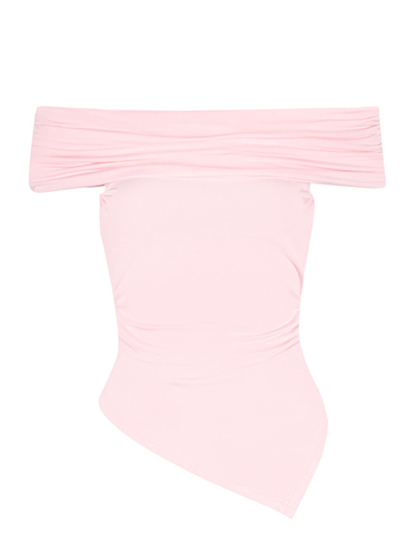 Pink asymmetrical ruched off-shoulder top with a draped neckline and handkerchief hem.