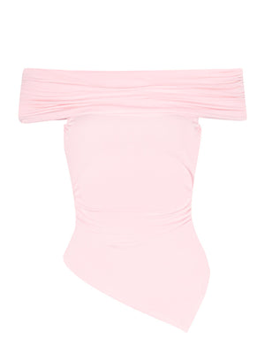 Pink asymmetrical ruched off-shoulder top with a draped neckline and handkerchief hem.