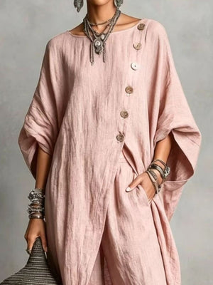 Blue two-piece set with tunic-length and button-front