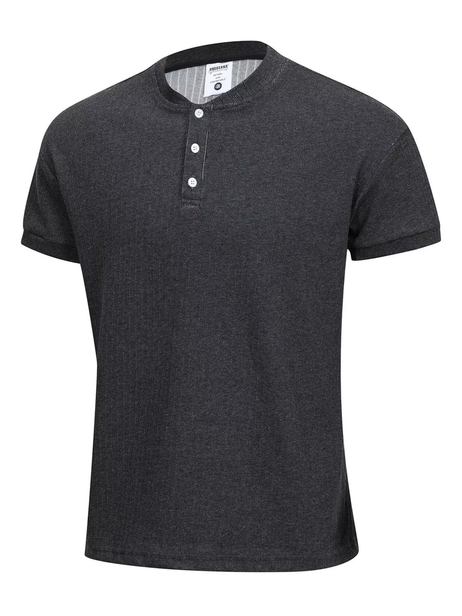 Men's dark gray textured ribbed short sleeve henley t-shirt with white buttons.