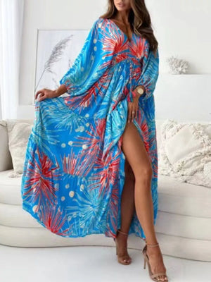 Turquoise Printed V-neck Balloon Sleeve Maxi Dress