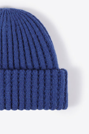 Indigo ribbed knit beanie with textured acrylic fabric