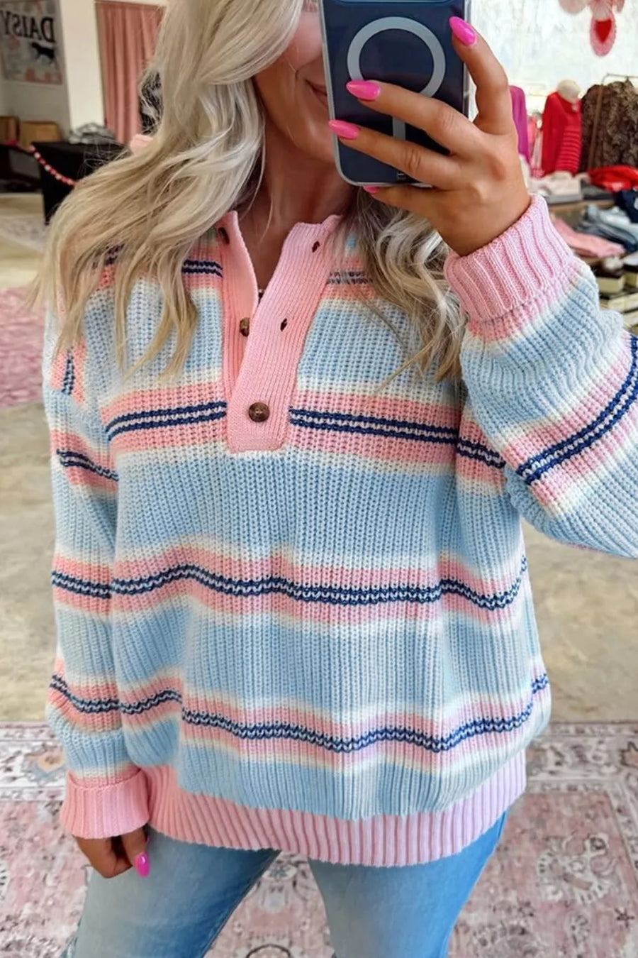 Striped Button Collar Long Sleeve Knit Sweater option 6