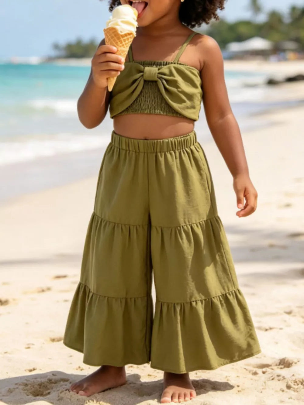 Olive Children's Smocked Bow Cami And Pants Set