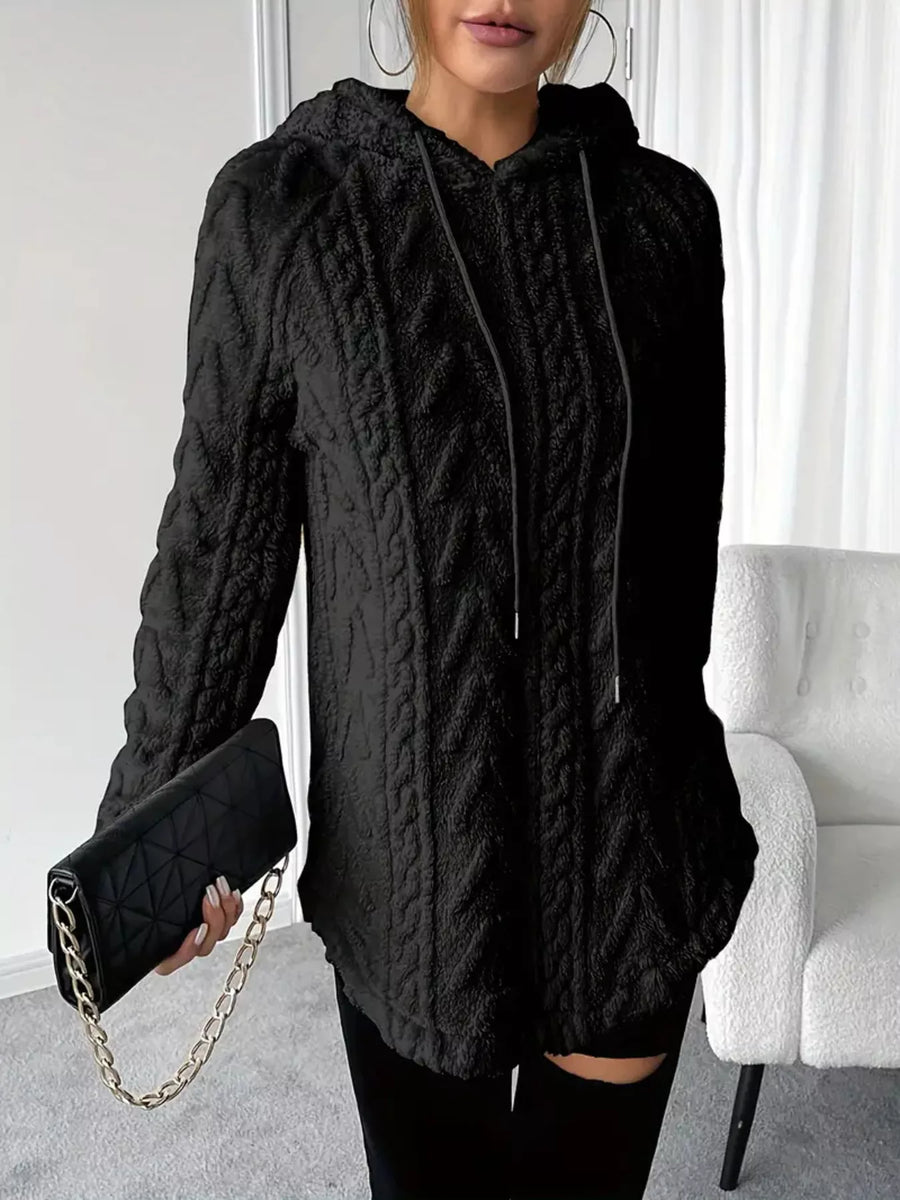 Black textured drawstring fleece hoodie with cable knit pattern and relaxed fit.