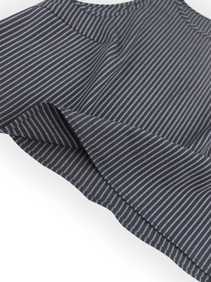 Chic black striped sleeveless top and wide-leg pants set detail.