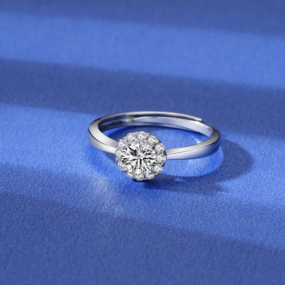ring in silver featuring adjustable and round halo fit