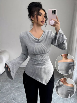 Gray ribbed asymmetrical cowl neck top with bell sleeves and ruched sides.