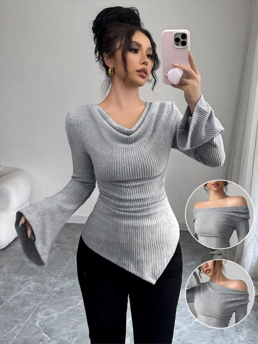 Gray ribbed asymmetrical cowl neck top with bell sleeves and ruched sides.