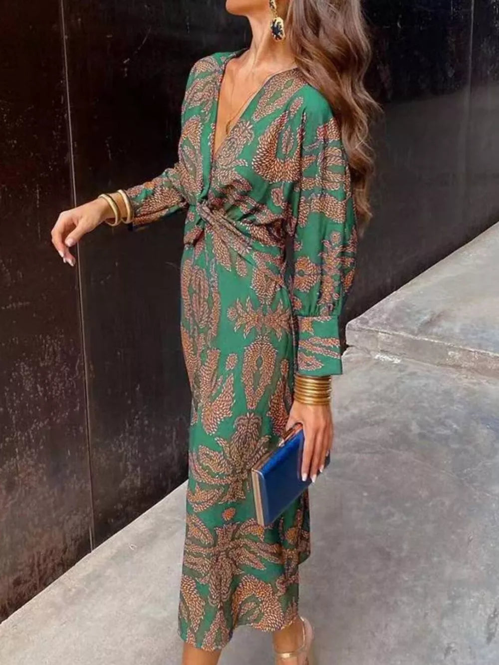Dark Blue Printed V-neck Long Sleeve Twisted Midi Dress Plus Size