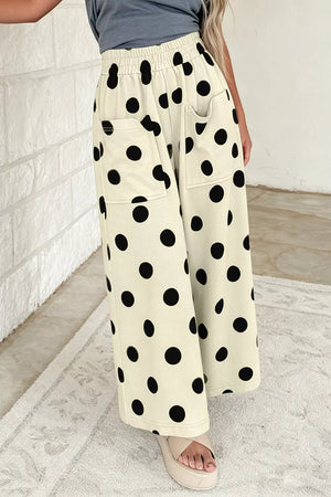 Polka Dot Wide Leg Elastic Waist Pants in Dust Storm