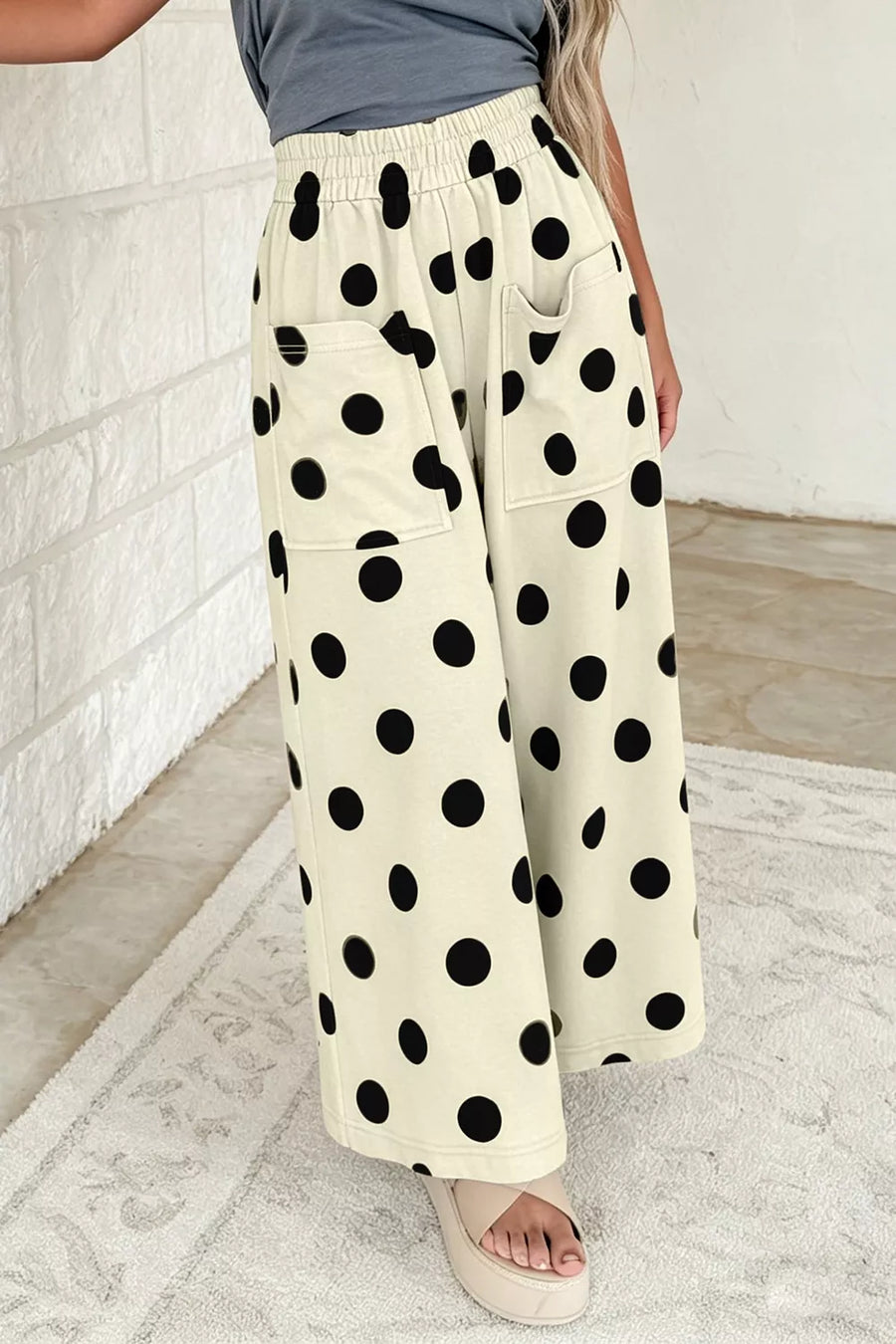 Polka Dot Wide Leg Elastic Waist Pants in Dust Storm