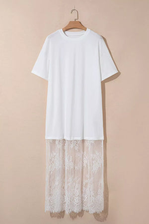 White cotton t-shirt midi dress with lace hem detail
