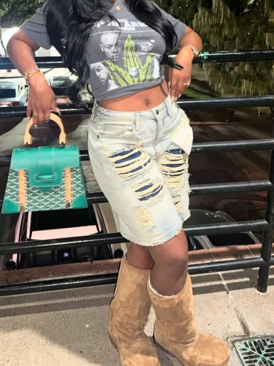 Denim Distressed Denim Bermuda Shorts option 8