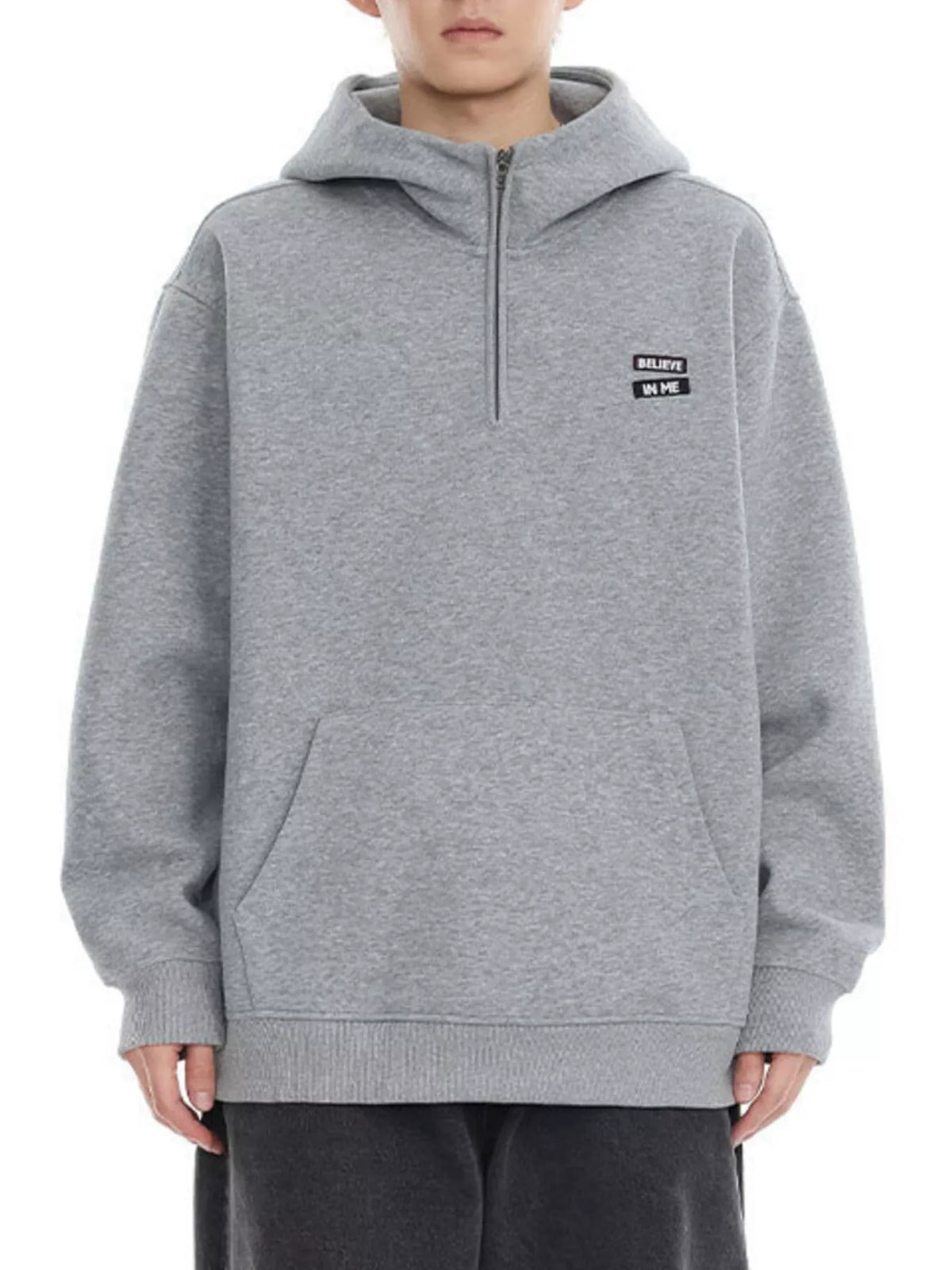Plus-size grey quarter-zip hoodie with chest graphic and kangaroo pocket.