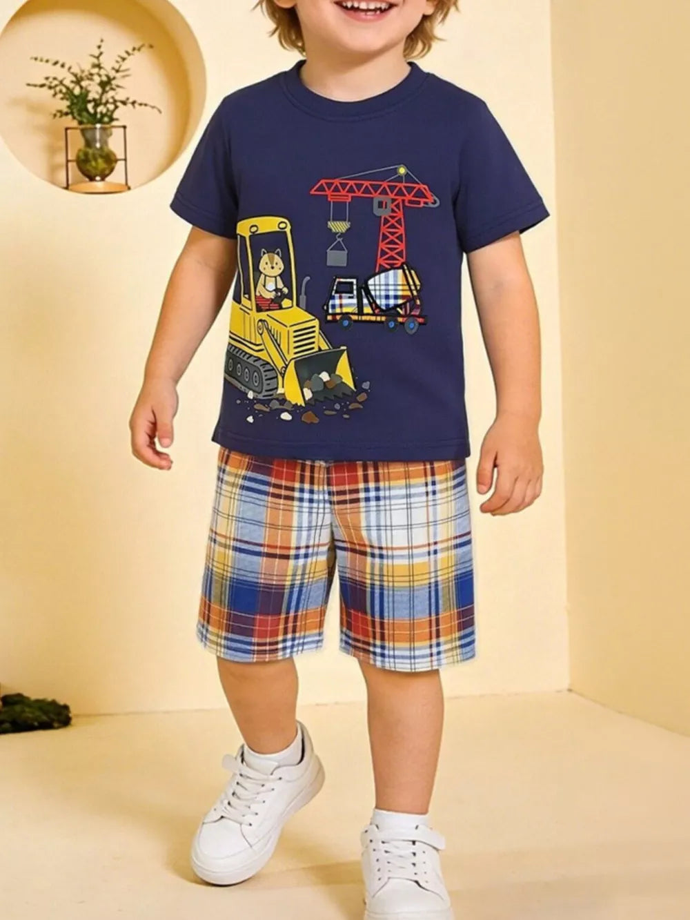Boys' navy construction graphic tee with plaid shorts set