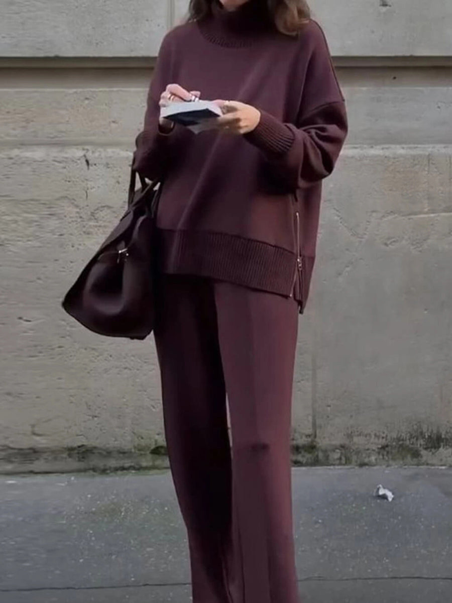 95% polyester, 5% elastane Care instructions: Machine wash cold lounge set in Burgundy with loose silhouette