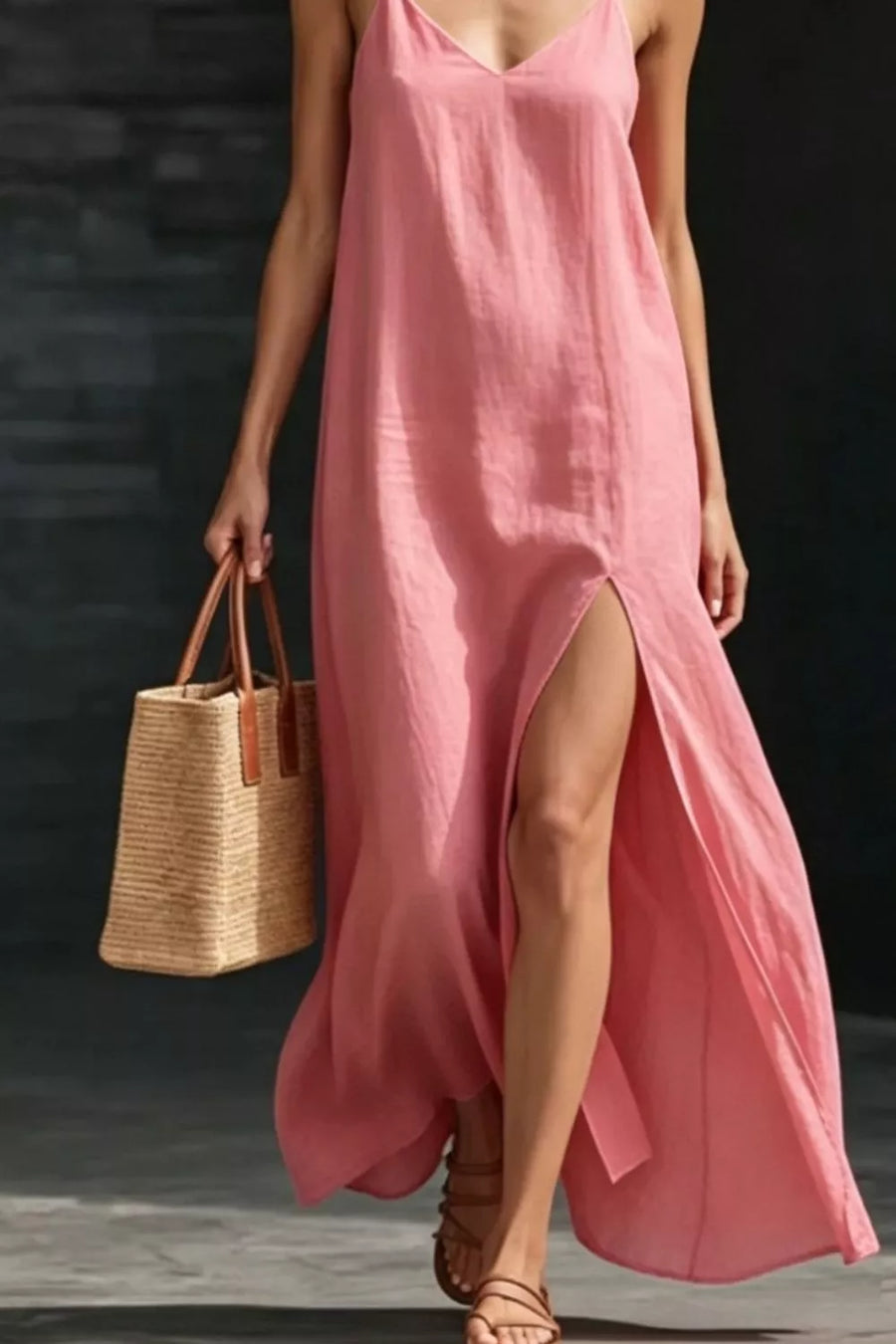 Dusty Pink V-neck maxi dress with a high slit, spaghetti straps, and a breezy silhouette.