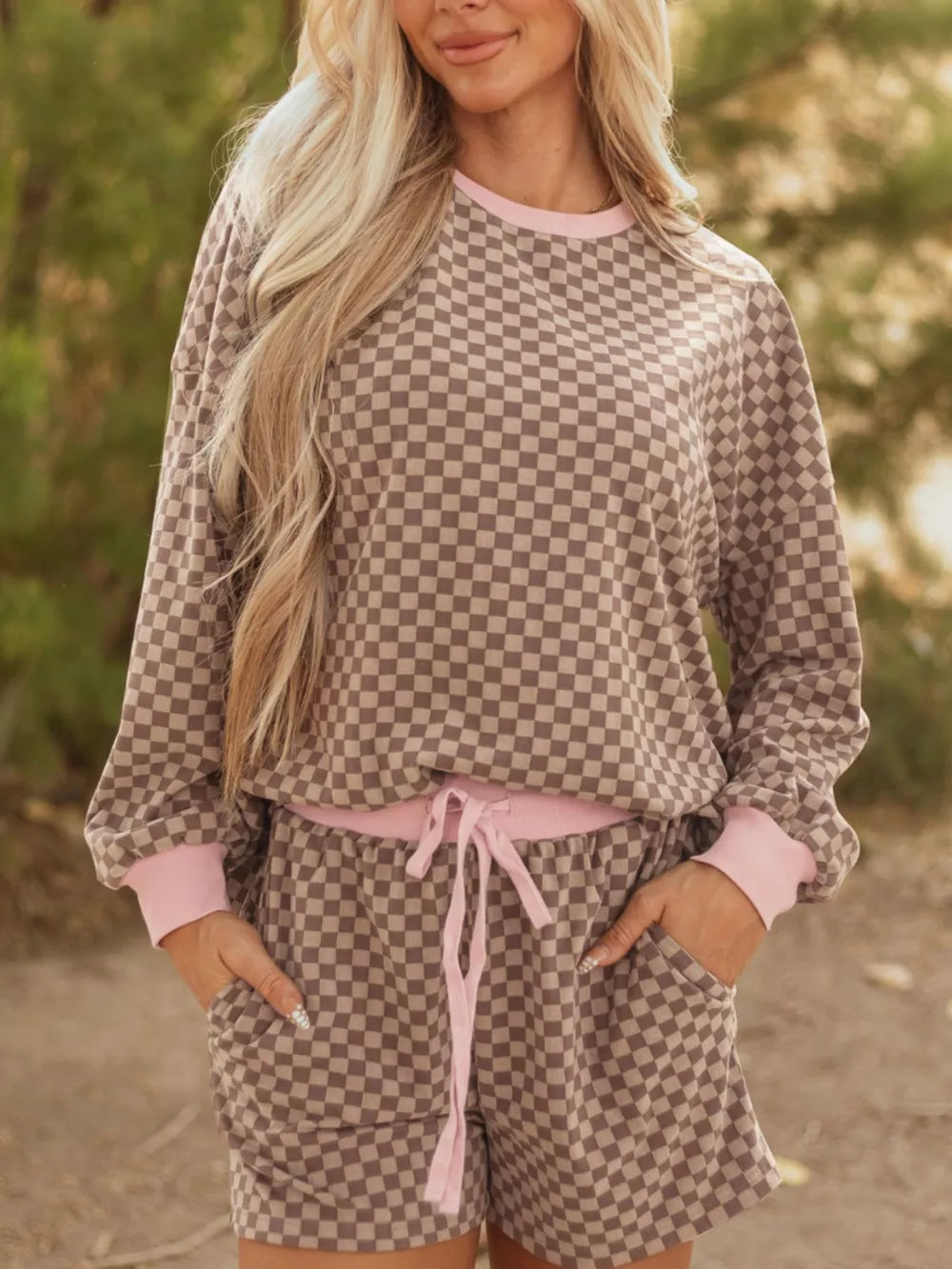 Camel checkerboard loungewear set with pink trim and drawstring shorts.