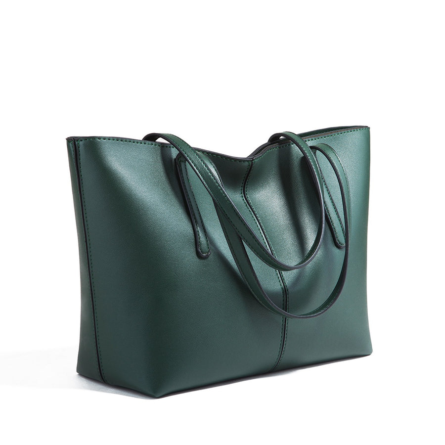 Green PU Leather Tote Bag in forest green with top handles