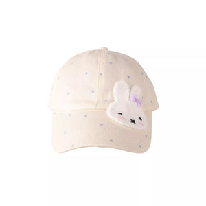 Ivory polka dot baseball cap with bunny applique and purple bow