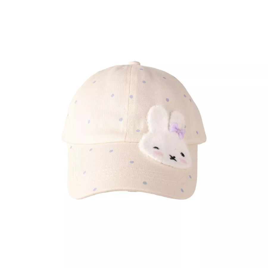 Ivory polka dot baseball cap with bunny applique and purple bow
