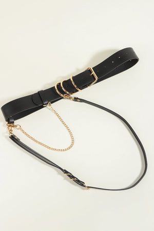 Black PU leather harness belt with gold chain detail and buckle closure