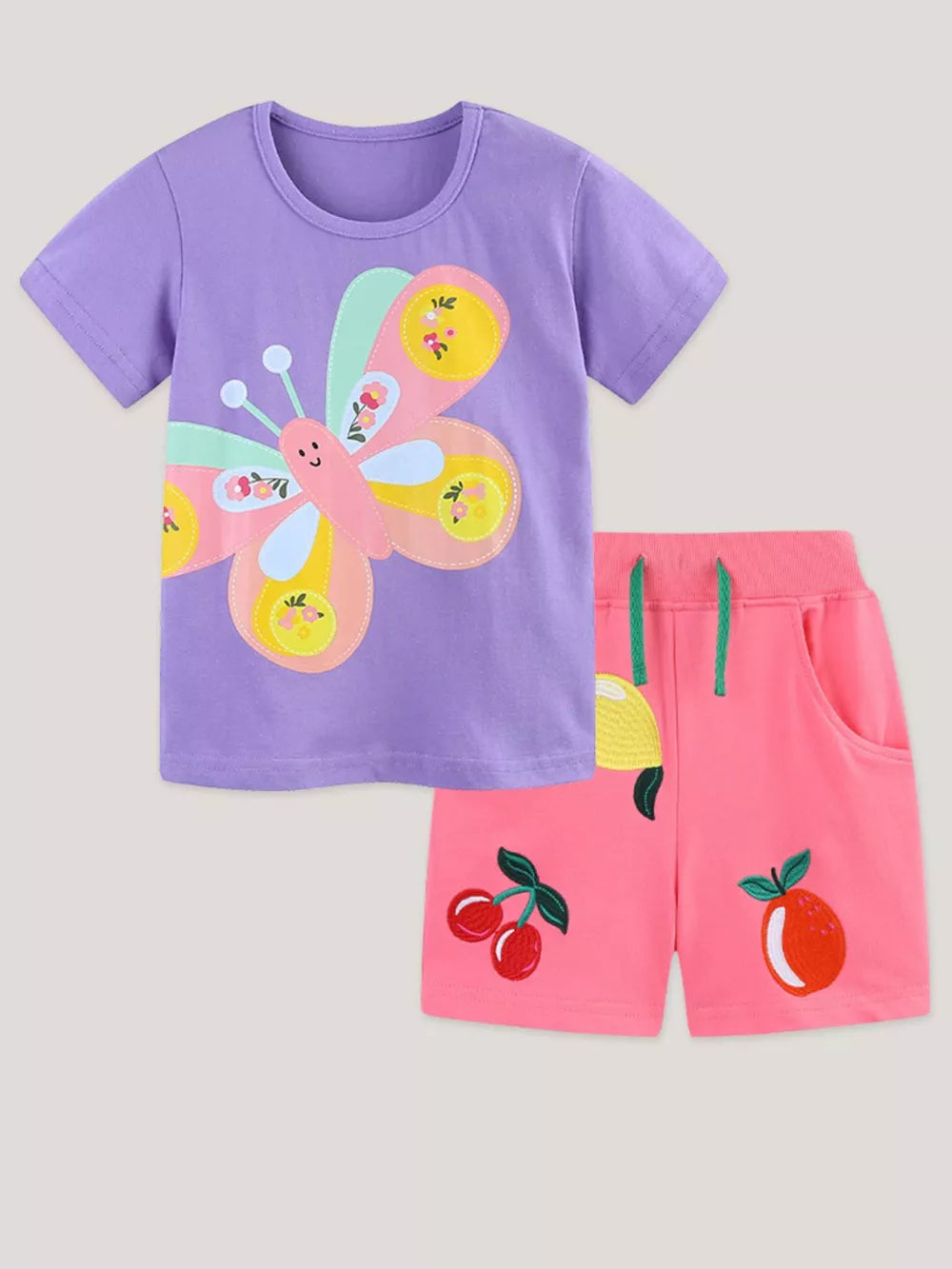 Purple butterfly tee with fruit print shorts set for baby girls.