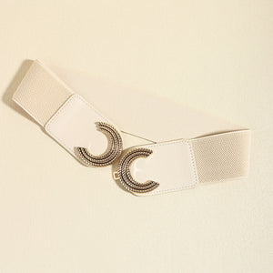 Ivory stretch belt with double C buckle and faux leather accents