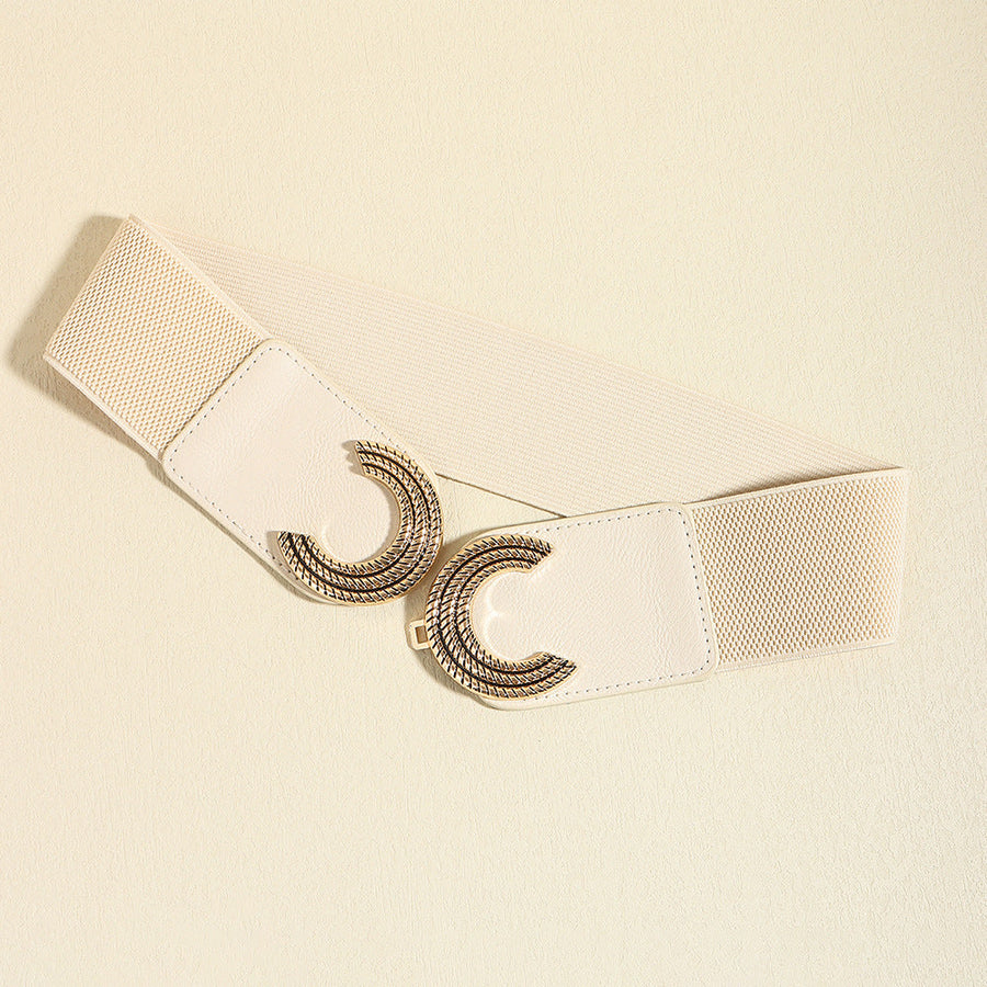 Ivory stretch belt with double C buckle and faux leather accents