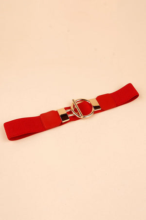 Red elasticated ring buckle belt with gold alloy hardware